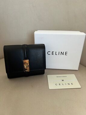 Celine Black Leather Compact Wallet with Gold Turn-Lock